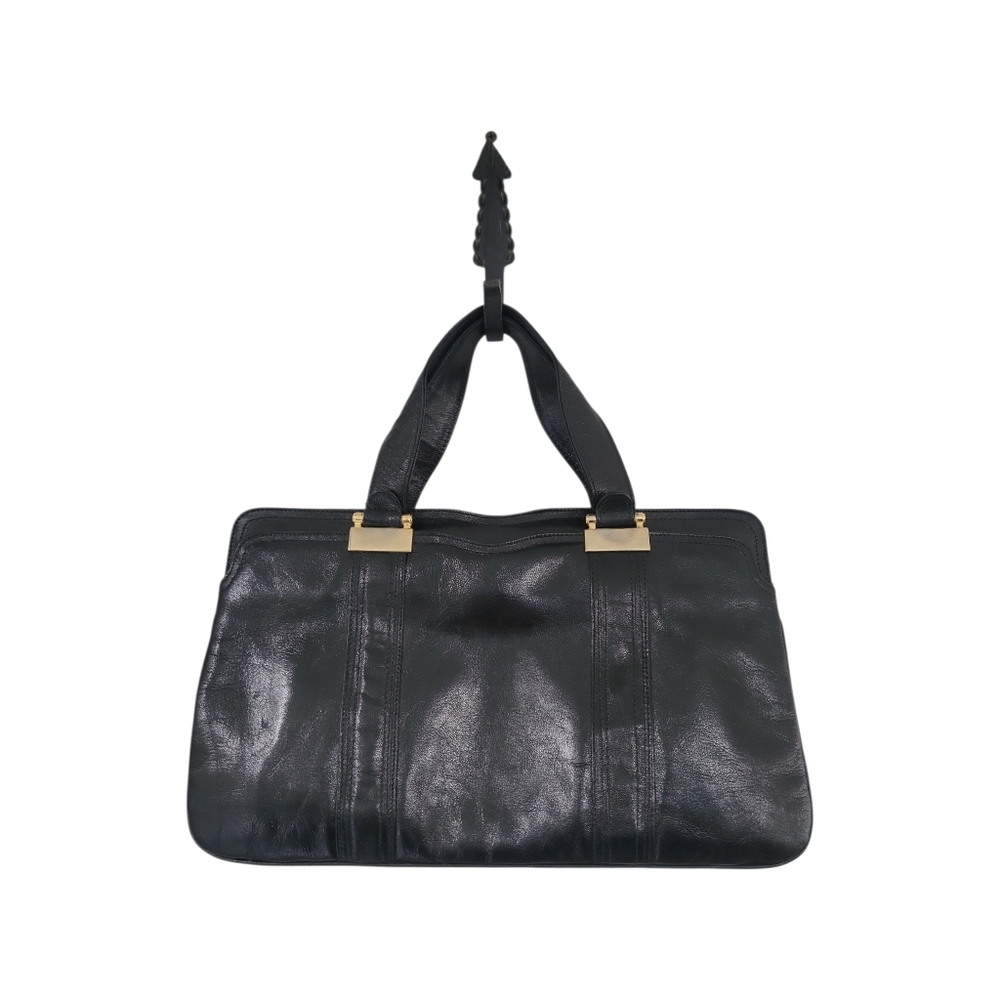 Vintage Mod Glam Black Leather Top Handle Compartment Purse